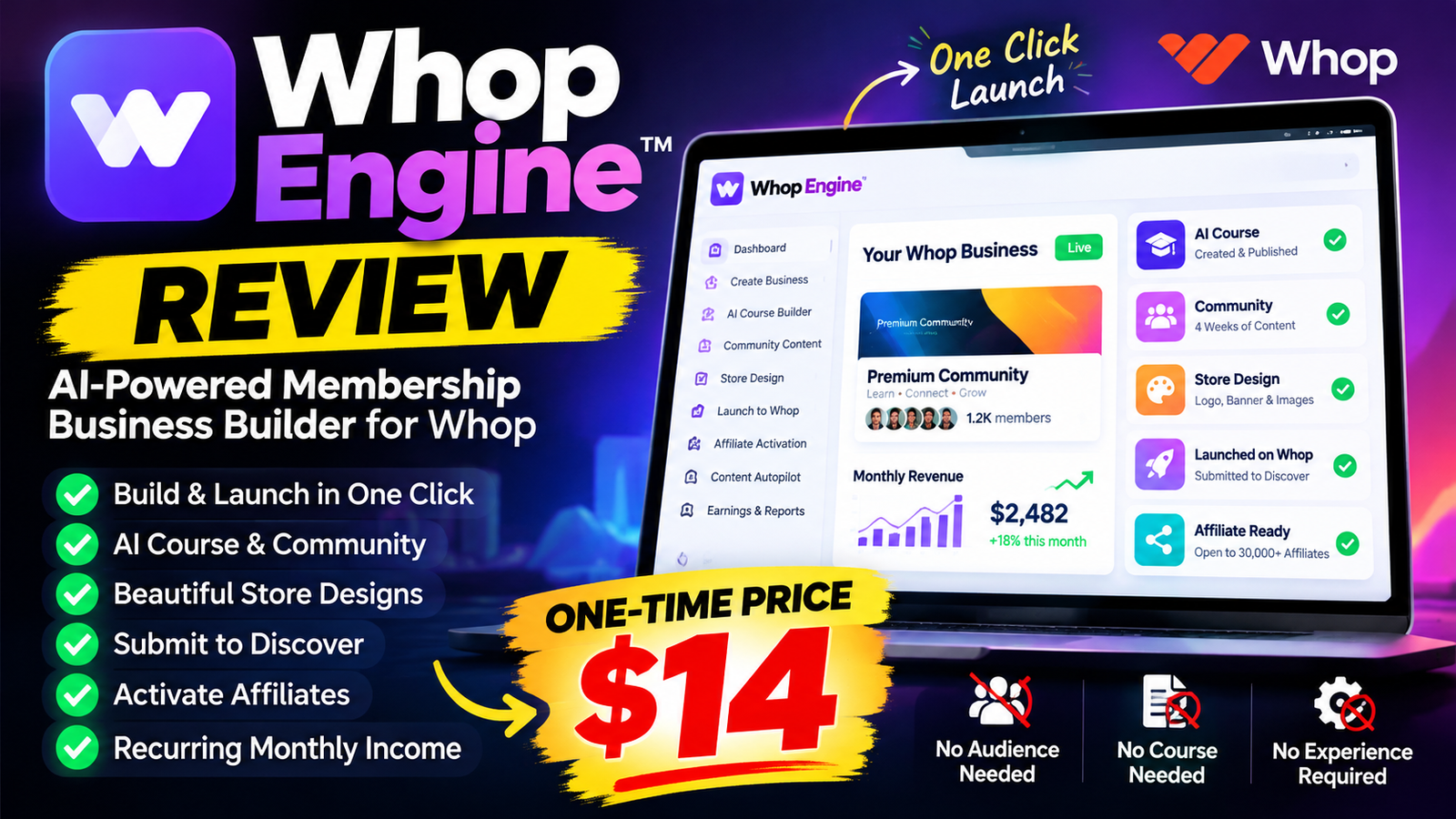 Whop Engine review showing its AI membership business builder, course creation, store design, and affiliate features.